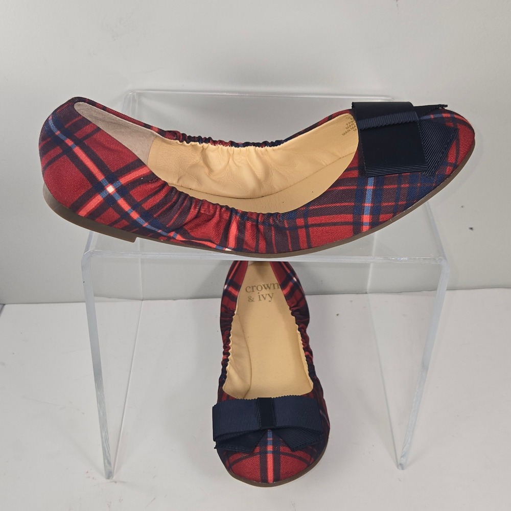 Crown & Ivy Chilene Red Plaid Bow Ballet Flats‎ Shoes womens 8.5M Navy Tartan